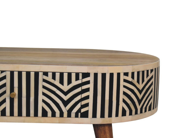 32" Black Bone and Oak Solid Wood Oval Coffee Table With Two Drawers