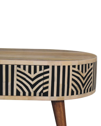 32" Black Bone and Oak Solid Wood Oval Coffee Table With Two Drawers