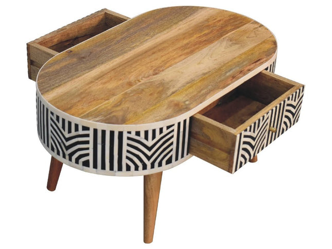 32" Black Bone and Oak Solid Wood Oval Coffee Table With Two Drawers