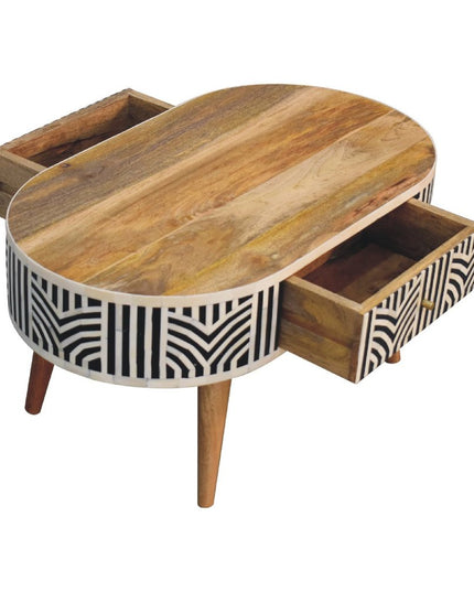 32" Black Bone and Oak Solid Wood Oval Coffee Table With Two Drawers