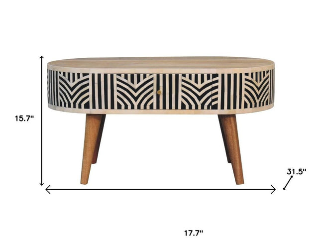 32" Black Bone and Oak Solid Wood Oval Coffee Table With Two Drawers