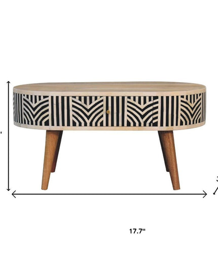 32" Black Bone and Oak Solid Wood Oval Coffee Table With Two Drawers