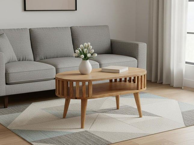 32" Oak Solid Wood Oval Coffee Table With Shelf