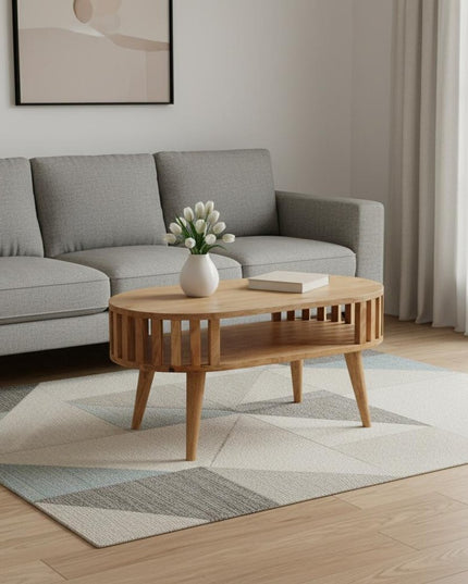 32" Oak Solid Wood Oval Coffee Table With Shelf