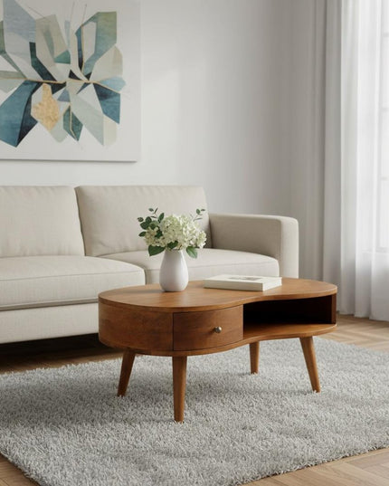 32" Chestnut Solid Wood Free Form Coffee Table With Drawer And Shelf