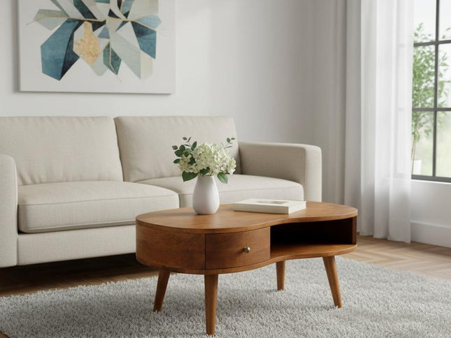 32" Chestnut Solid Wood Free Form Coffee Table With Drawer And Shelf