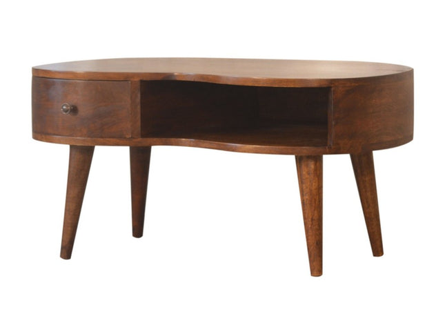 32" Chestnut Solid Wood Free Form Coffee Table With Drawer And Shelf