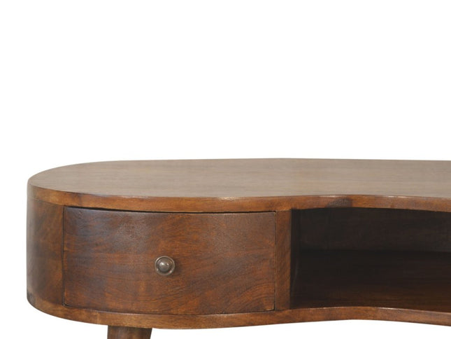 32" Chestnut Solid Wood Free Form Coffee Table With Drawer And Shelf