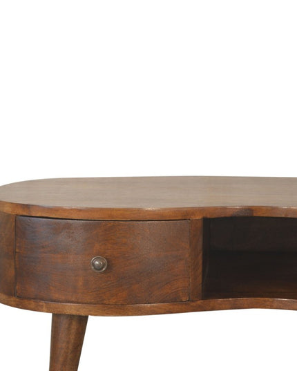 32" Chestnut Solid Wood Free Form Coffee Table With Drawer And Shelf