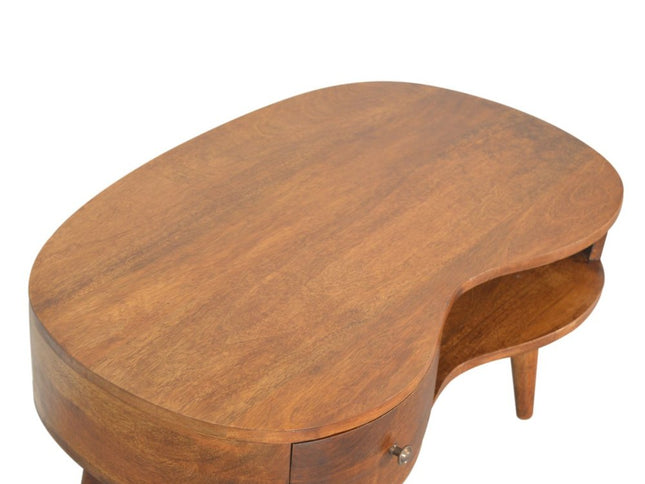 32" Chestnut Solid Wood Free Form Coffee Table With Drawer And Shelf