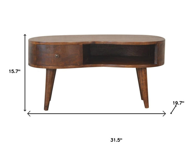 32" Chestnut Solid Wood Free Form Coffee Table With Drawer And Shelf