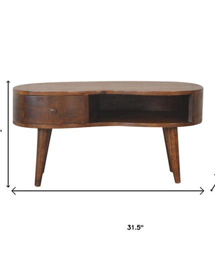 32" Chestnut Solid Wood Free Form Coffee Table With Drawer And Shelf