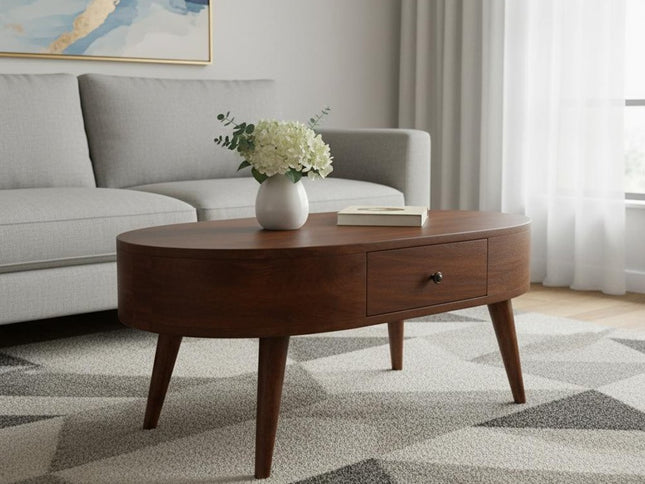 34" Chestnut Solid Wood Oval Coffee Table With Two Drawers