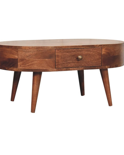 33" Natural Solid Wood Oval Coffee Table With Drawer