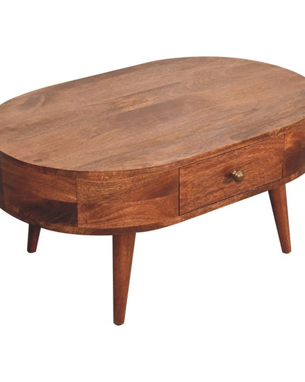 33" Natural Solid Wood Oval Coffee Table With Drawer