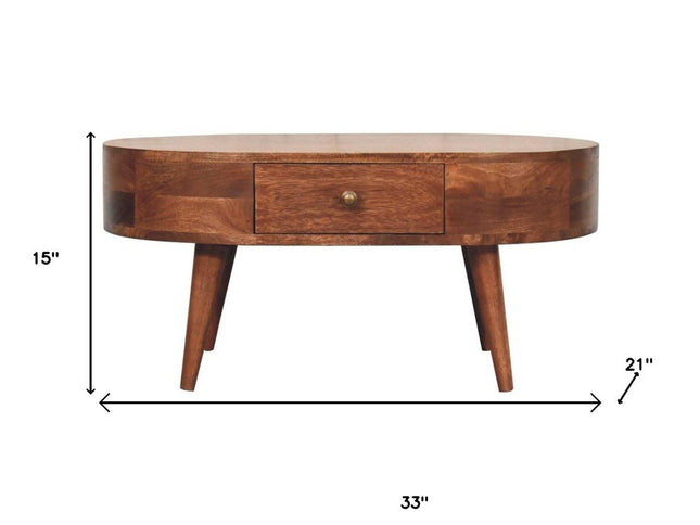 33" Natural Solid Wood Oval Coffee Table With Drawer