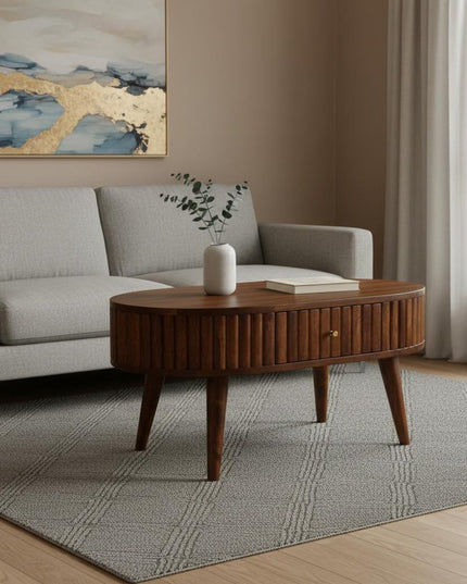 32" Chestnut Solid Wood Oval Coffee Table With Two Drawers