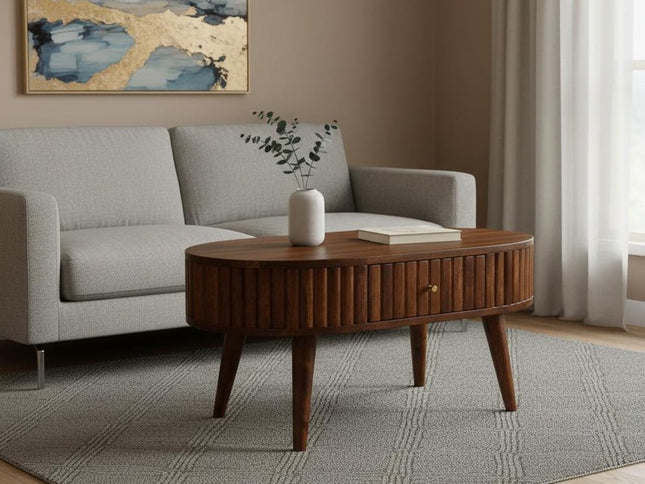 32" Chestnut Solid Wood Oval Coffee Table With Two Drawers