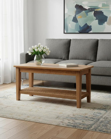 35" Oak Solid Wood Coffee Table With Shelf