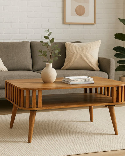 33" Oak Solid Wood Coffee Table With Shelf