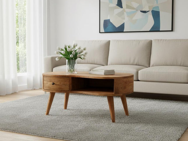 32" Oak Solid Wood Free Form Coffee Table With Drawer And Shelf