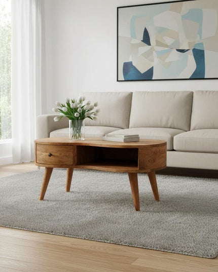 32" Oak Solid Wood Free Form Coffee Table With Drawer And Shelf