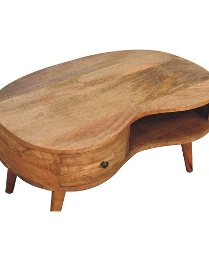 32" Oak Solid Wood Free Form Coffee Table With Drawer And Shelf