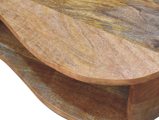 32" Oak Solid Wood Free Form Coffee Table With Drawer And Shelf