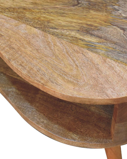 32" Oak Solid Wood Free Form Coffee Table With Drawer And Shelf