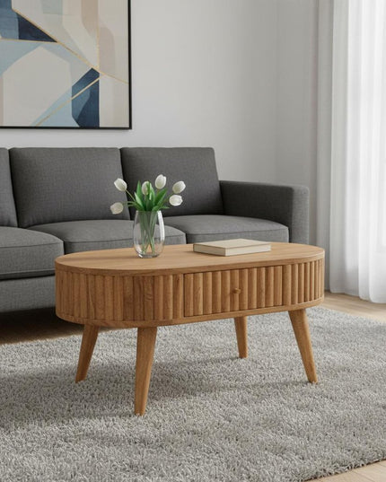 32" Oak Solid Wood Oval Coffee Table With Two Drawers