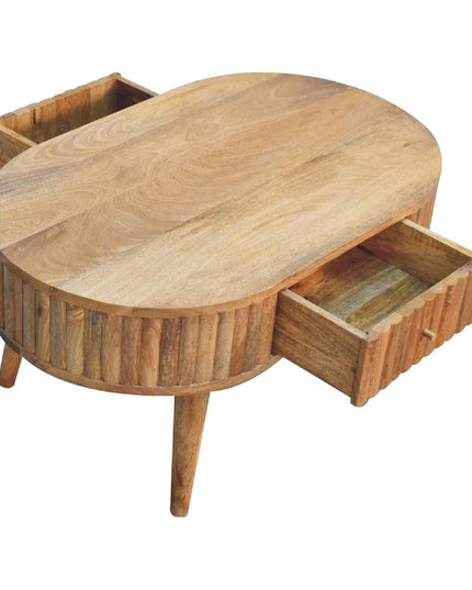 32" Oak Solid Wood Oval Coffee Table With Two Drawers