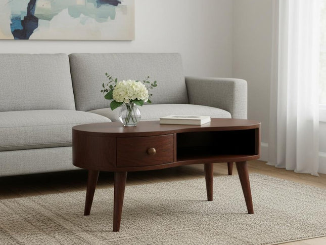 32" Walnut Solid Wood Free Form Coffee Table With Drawer And Shelf