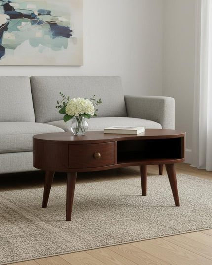 32" Walnut Solid Wood Free Form Coffee Table With Drawer And Shelf