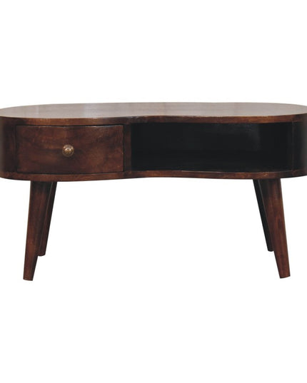 32" Walnut Solid Wood Free Form Coffee Table With Drawer And Shelf