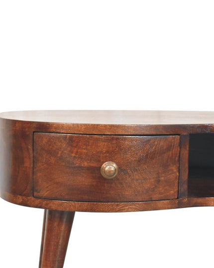 32" Walnut Solid Wood Free Form Coffee Table With Drawer And Shelf