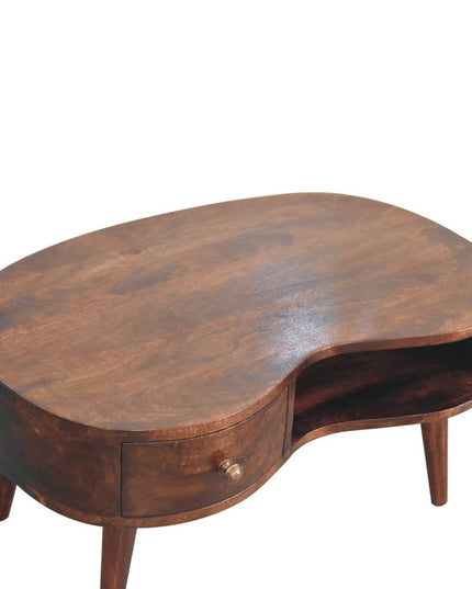 32" Walnut Solid Wood Free Form Coffee Table With Drawer And Shelf