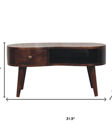 32" Walnut Solid Wood Free Form Coffee Table With Drawer And Shelf