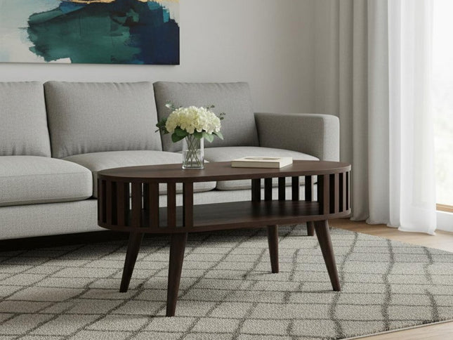 32" Walnut Solid Wood Oval Coffee Table With Shelf