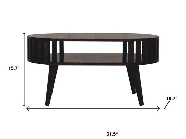 32" Walnut Solid Wood Oval Coffee Table With Shelf