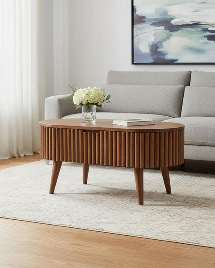 34" Natural Solid Wood Oval Lift Top Coffee Table With Drawer