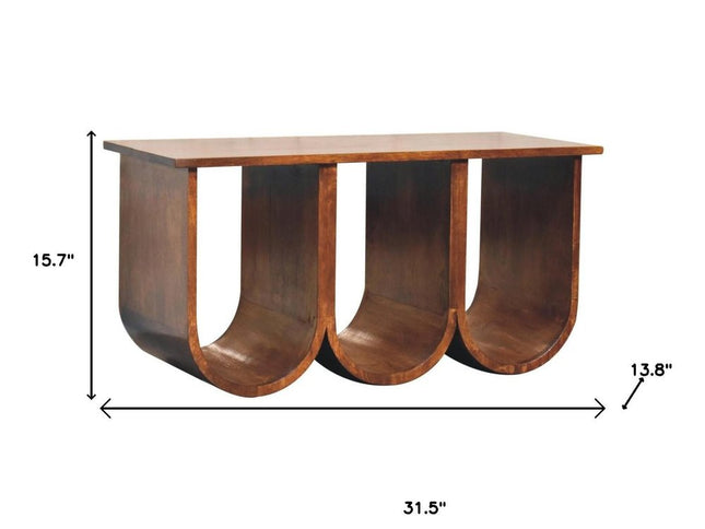 32" Chestnut Solid Wood Abstract Coffee Table With Three Shelves
