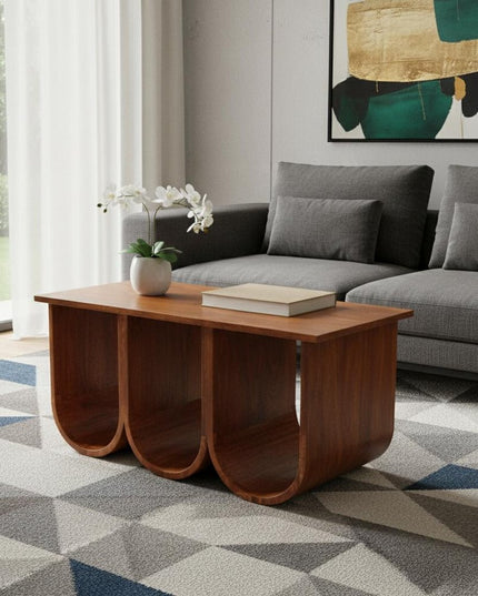 32" Chestnut Solid Wood Abstract Coffee Table With Three Shelves