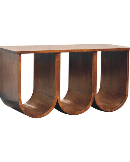 32" Chestnut Solid Wood Abstract Coffee Table With Three Shelves
