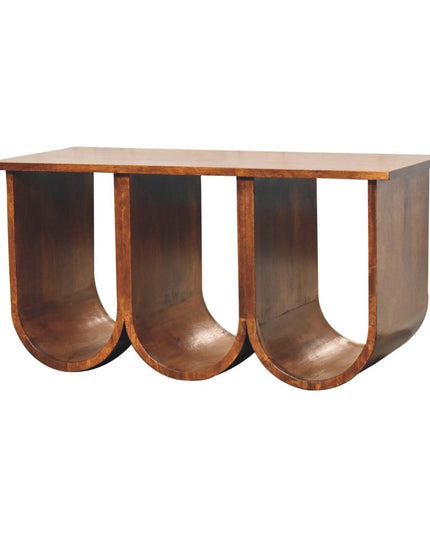 32" Chestnut Solid Wood Abstract Coffee Table With Three Shelves