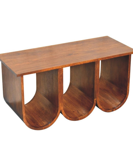 32" Chestnut Solid Wood Abstract Coffee Table With Three Shelves