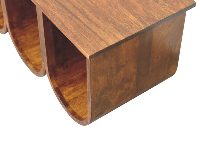 32" Chestnut Solid Wood Abstract Coffee Table With Three Shelves