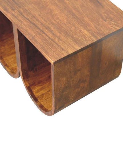 32" Chestnut Solid Wood Abstract Coffee Table With Three Shelves