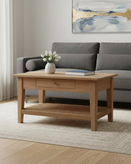 32" Oak Solid Wood Floor Shelf Coffee Table With Drawer And Shelf