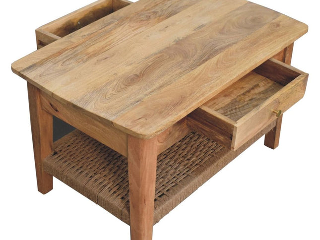 32" Oak Solid Wood Floor Shelf Coffee Table With Drawer And Shelf