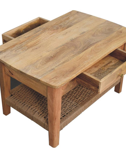 32" Oak Solid Wood Floor Shelf Coffee Table With Drawer And Shelf